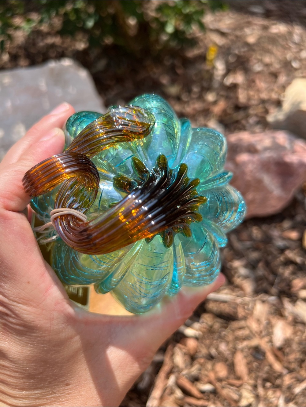 Pier 1 Handblown Glass Pumpkin Blue-Green with Amber Stem NWT - Picture 5 of 8